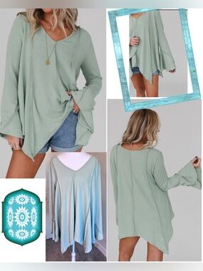 Three Bird Nest Sage V-Neck Handkerchief Hem Tunic Bell Sleeve Sz Small